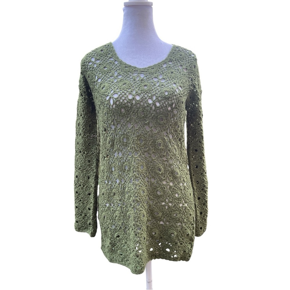 Handmade Olive Green Crochet Tunic Sweater Long Sleeve Boho Festival Top S/M
